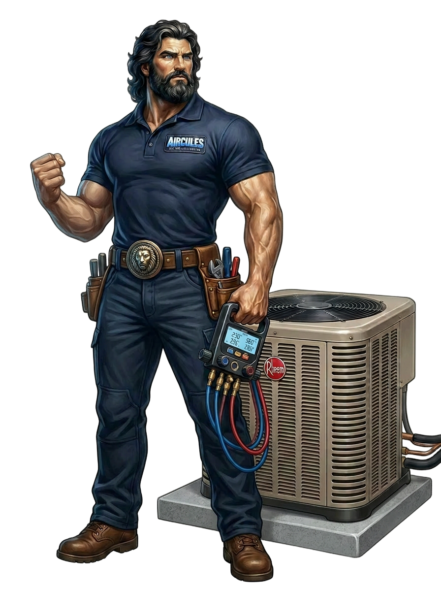 Aircules muscular mascot lifting an AC unit